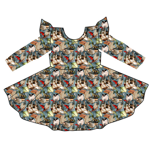 Fantasy Dragon Long Sleeve Twirl Dress with pockets