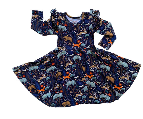 Midnight Woodland Long Sleeve Twirl Dress with pockets
